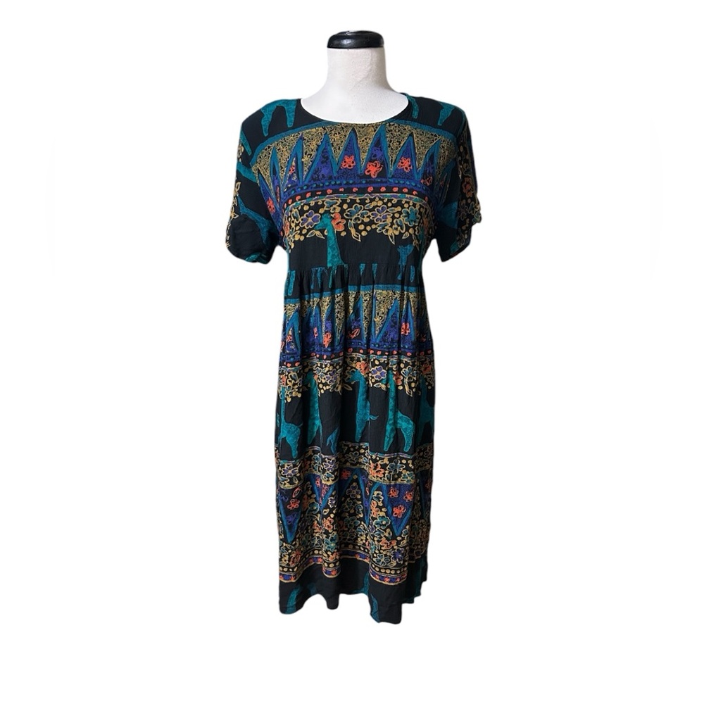 Vintage 90s Dress Tribal Print Size Large Artsy Feminine Tie Waist Dark Print